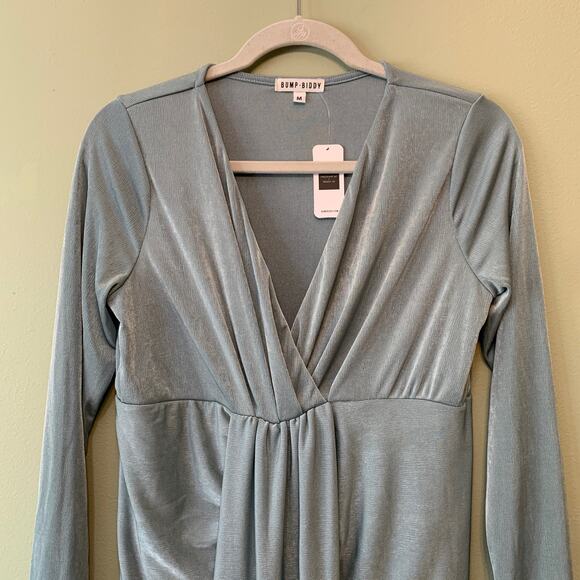 Bump Biddy Dress Maternity M Blue-Gray Drape Jersey Maxi V-Neck Long Sleeves New - Picture 3 of 11